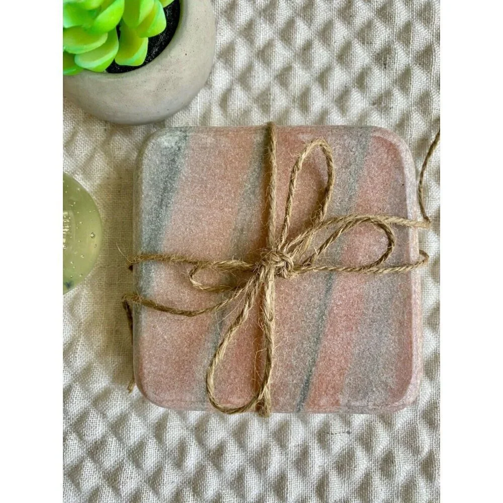 New Natural Marble Pink-Peach & Gray Square Chunky Stone Coasters Set of 2
